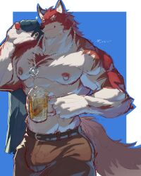 Rule 34 | 1boy, abs, absurdres, alcohol, animal ears, bara, beer, beer mug, blue shirt, brown pants, bulge, chinese commentary, commentary request, cup, dated, diederich olsen (knight&#039;s college), drink, furry, furry male, highres, holding, holding clothes, holding cup, holding drink, holding shirt, jewelry, knights college, lan uxn, looking at viewer, male focus, mug, muscular, muscular male, necklace, nipple piercing, pants, pawpads, pectorals, piercing, shirt, signature, smile, sparkle, tail, topless male, wolf boy, wolf ears, wolf tail