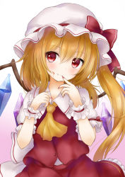 Rule 34 | 1girl, arms up, ascot, bad id, bad pixiv id, blood, blood on face, blush, commentary, fang, fang out, finger to mouth, fingernails, flandre scarlet, hair between eyes, hat, hat ribbon, head tilt, highres, kata rosu, looking at viewer, mob cap, nail polish, one side up, puffy short sleeves, puffy sleeves, red eyes, red nails, red skirt, red vest, ribbon, sharp fingernails, shirt, short hair, short sleeves, skirt, smile, solo, touhou, vest, white hat, white shirt, wings, wrist cuffs, yellow ascot, yellow neckwear
