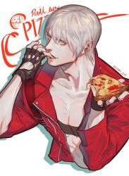 Rule 34 | 1boy, belt bra, bishounen, black gloves, blue eyes, coat, dante (devil may cry), devil may cry, devil may cry (series), devil may cry 3, eating, fingerless gloves, food, gloves, holding, holding food, holding pizza, looking at viewer, lykke, male focus, muscular, muscular male, pizza, pizza slice, realistic, red coat, smile, solo, white hair