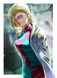 Rule 34 | 1girl, absurdres, android 18, android 21, android 21 (cosplay), arms behind back, artist name, backlighting, blonde hair, blue eyes, border, breasts, commentary, cosplay, dragon ball, dragon ball fighterz, dragonball z, dress, earrings, highres, jewelry, lab coat, medium breasts, outside border, sarulart, smile, solo, turtleneck, turtleneck dress, upper body, white border