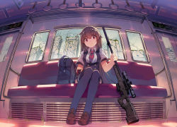 Rule 34 | 1girl, accuracy international, ai arctic warfare, bag, bolt action, brown footwear, brown hair, building, commentary request, damaged, from ground, gun, holding, holding gun, holding weapon, loafers, mecha musume, mechanical parts, necktie, original, overgrown, red eyes, red necktie, rifle, scope, shoes, sitting, skirt, skyscraper, sniper rifle, thighhighs, thighs, train, train interior, weapon, yasumo (kuusouorbital), zettai ryouiki