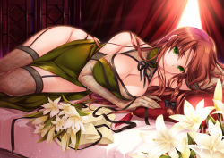 Rule 34 | 1girl, alternate costume, bare shoulders, between legs, black gloves, blush, bow, braid, breasts, china dress, chinese clothes, cleavage, cleavage cutout, clothing cutout, dress, elbow gloves, flower, garter straps, gloves, green eyes, hair bow, highres, hong meiling, large breasts, long hair, looking at viewer, lying, monety, on side, red hair, revision, skindentation, smile, solo, thighhighs, touhou, twin braids