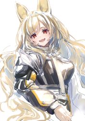 Rule 34 | 1girl, animal ears, arknights, black jacket, blonde hair, breasts, ceobe (arknights), commentary, dog ears, fang, gawako, highres, jacket, large breasts, long hair, long sleeves, looking at viewer, open mouth, red eyes, simple background, skin fang, smile, solo, upper body, white background