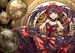 Rule 34 | 10s, 1girl, bad id, bad pixiv id, bare shoulders, black hair, bow, breasts, cleavage, clock, clock eyes, date a live, dress, dual wielding, gears, gun, hairband, heterochromia, holding, lolita fashion, lolita hairband, long hair, looking at viewer, red eyes, ribbon, rifle, roman numeral, smile, solo, sougishi ego, symbol-shaped pupils, tokisaki kurumi, twintails, weapon, yellow eyes