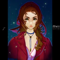 Rule 34 | 1girl, absurdres, aerith gainsborough, blue background, breasts, brown hair, character name, choker, cleavage, curly hair, dress, final fantasy, final fantasy vii, final fantasy vii remake, flower choker, fumezu1, green eyes, highres, jacket, long hair, looking at viewer, parted bangs, pillarboxed, pink dress, pink lips, portrait, red jacket, single sidelock, small breasts, solo