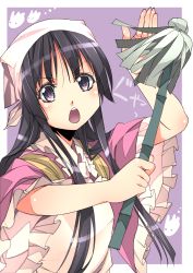 Rule 34 | 1girl, adapted costume, apron, black hair, cleaning, duster, frilled sleeves, frills, grey eyes, hat, highres, houraisan kaguya, ichikawa ryuunosuke, japanese clothes, kimono, long hair, long sleeves, open mouth, solo, touhou, upper body, wide sleeves