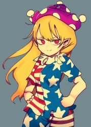 Rule 34 | 1girl, absurdres, american flag dress, american flag legwear, bad hands, blonde hair, breasts, bright pupils, closed mouth, clownpiece, commentary request, contrapposto, cowboy shot, grey background, hands on own hips, hat, highres, jester cap, long hair, looking at viewer, neck ruff, pantyhose, piaki, pointy ears, polka dot, purple hat, red eyes, short sleeves, simple background, slit pupils, small breasts, smile, solo, star (symbol), star print, touhou, v-shaped eyebrows, very long hair, white pupils