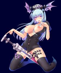 Rule 34 | 108 gou, 1girl, alternate costume, black shirt, blouse, blue background, blue hair, blunt bangs, blush, boots, bottomless, breasts, breasts out, buttons, collared shirt, demon girl, demon wings, eyelashes, eyes visible through hair, full body, garter straps, glowing, glowing eyes, hair between breasts, hat, head wings, high heel boots, high heels, kneeling, large breasts, large syringe, legwear garter, licking, long hair, looking at viewer, medallion, morrigan aensland, nipples, no bra, nurse, nurse cap, open clothes, open mouth, open shirt, oversized object, puffy nipples, puffy short sleeves, puffy sleeves, purple eyes, shiny skin, shirt, short sleeves, simple background, skindentation, skull and crossbones, slit pupils, solo, stiletto heels, sweat, syringe, taut clothes, taut shirt, thermometer, thigh boots, thighhighs, tight clothes, tight shirt, tongue, tongue out, vampire (game), wings