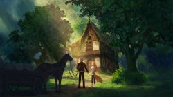 Rule 34 | 1boy, 1girl, absurdres, animal ears, cart, commentary, copyright name, couple, craft lawrence, forest, from behind, grin, holding hands, highres, holo, horse, house, ivy, light rays, long hair, looking back, nature, official art, orange hair, silver hair, smile, spice and wolf, sunbeam, sunlight, tail, tree, wolf ears, wolf girl, wolf tail, you shimizu