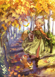 Rule 34 | 1girl, animal ears, belt, blonde hair, boots, brown eyes, commentary request, day, dress, fennec fox, forest, fox ears, fox tail, frilled dress, frills, highres, light particles, looking at viewer, multiple tails, mushroom, nature, okishiji en, one eye closed, original, outdoors, short hair, smile, solo, tail, tree