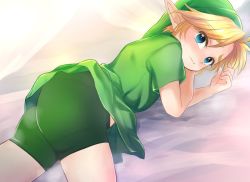 Rule 34 | 1boy, ass, bike shorts, blonde hair, blue eyes, blush, closed mouth, commentary request, green hat, green tunic, hat, link, looking at viewer, looking back, male focus, nintendo, pointy ears, short hair, short sleeves, solo, steam, the legend of zelda, waya sho, young link