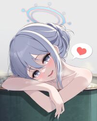 Rule 34 | 1girl, bathing, blue archive, blush, c turtle, drum bath, grey eyes, grey hair, hair bun, highres, looking at viewer, miyako (blue archive), nude, partially submerged, solo