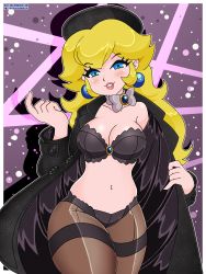 Rule 34 | 1girl, absurdres, black bra, black panties, blonde hair, blue eyes, blush, bra, breasts, cleavage, come hither, highres, large breasts, lipstick, long hair, looking at viewer, makeup, mario (series), navel, nintendo, open clothes, panties, pantyhose, presenting, princess peach, seductive smile, smile, super mario odyssey, thick thighs, thighs, underwear