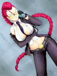 Rule 34 | 1girl, between breasts, black gloves, braid, braided ponytail, breasts, cellphone, cleavage, crimson viper, fauxhawk, glasses, gloves, green eyes, highres, large breasts, long hair, looking at viewer, midriff, navel, necktie, necktie between breasts, phone, pompadour, red hair, smile, solo, street fighter, street fighter iv (series), sunglasses, tinted eyewear, yellow-tinted eyewear, yellow-tinted glasses, yomitrooper