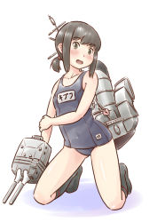 Rule 34 | 1girl, adapted turret, black eyes, black hair, black one-piece swimsuit, black socks, cannon, commentary request, flat chest, fubuki (kancolle), full body, highres, holding, holding turret, kantai collection, karasu (naoshow357), kneehighs, kneeling, long hair, looking at viewer, low ponytail, machinery, mast, name tag, one-piece swimsuit, open mouth, ponytail, rigging, school swimsuit, short ponytail, sidelocks, simple background, smokestack, socks, solo, swimsuit, turret, white background