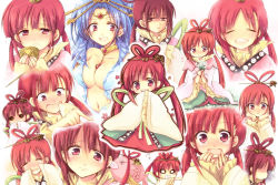 Rule 34 | 1girl, :d, ^ ^, alternate hair color, blue hair, blush, breasts, chibi, closed eyes, collarbone, cup, closed eyes, flower, grin, hair ornament, hair rings, hair stick, holding, holding flower, long hair, looking at viewer, magi the labyrinth of magic, miyata (miyatami07), multiple views, open mouth, red hair, ren kougyoku, smile, solid circle eyes, tears, twintails, very long hair