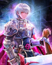 Rule 34 | 1boy, armor, aura, belt, belt buckle, bio lab, breastplate, buckle, cape, chainmail, closed mouth, commentary request, cross, expressionless, eyes visible through hair, gauntlets, gears, glowing, glowing eyes, greatsword, holding, holding own arm, holding sword, holding weapon, leg armor, lord knight (ragnarok online), male focus, misuguu, pauldrons, ragnarok online, red cape, red eyes, seyren windsor, short hair, shoulder armor, signature, solo, sword, tabard, upper body, weapon, white hair