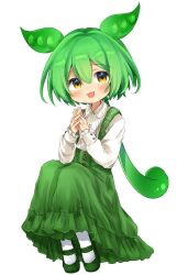 Rule 34 | 1girl, adapted costume, buttoned cuffs, buttons, collared shirt, frilled skirt, frilled sleeves, frills, full body, green footwear, green hair, green skirt, hair between eyes, long skirt, long sleeves, looking at viewer, mary janes, omochinegi, open mouth, own hands together, pantyhose, shirt, shoes, simple background, skirt, smile, solo, suspender skirt, suspenders, voicevox, white background, white pantyhose, white shirt, yellow eyes, zundamon