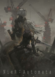 Rule 34 | 2girls, absurdres, backless dress, backless outfit, bad id, bad pixiv id, bare shoulders, breasts, copyright name, dress, expressionless, eyelashes, closed eyes, from behind, gloves, highres, holding, holding weapon, limited palette, lips, long hair, monochrome, multiple girls, nier (series), nier:automata, pale skin, ruins, sitting, spot color, standing, sword, text focus, weapon, white hair, 2b (nier:automata), a2 (nier:automata), yu nuo yang