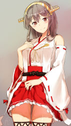 Rule 34 | 10s, 1girl, bare shoulders, black hair, blush, breasts, brown eyes, clothes lift, commentary request, cowboy shot, detached sleeves, hair ornament, hairclip, hand on own chest, haruna (kancolle), headgear, japanese clothes, jewelry, kantai collection, large breasts, lifted by self, long hair, looking at viewer, poco (backboa), red skirt, ribbon-trimmed sleeves, ribbon trim, ring, simple background, skirt, skirt lift, smile, solo, standing, thighhighs, wide sleeves