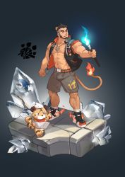 Rule 34 | 1boy, abs, alca (wakatanka4), animal ears, bara, bare pectorals, beard, black hair, black jacket, bulge, chest hair, commission, dark-skinned male, dark skin, extra ears, facial hair, full body, grey shorts, gyee, highres, jacket, lion boy, lion ears, lion tail, male focus, mature male, muscular, muscular male, navel, navel hair, nipples, open clothes, open jacket, original, pectorals, selkiro, short hair, shorts, sleeveless, sleeveless jacket, solo, standing, stomach, tail, thick eyebrows, undercut