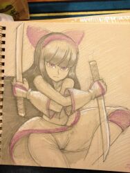 Rule 34 | 1girl, ainu clothes, black hair, breasts, covering breasts, covering privates, crossed arms, fingerless gloves, gloves, hair ribbon, long hair, looking at viewer, nakoruru, navel, pants, purple eyes, ribbon, samurai spirits, serious, sitting, small breasts, smile, snk, solo, spread legs, sword, the king of fighters, topless, traditional media, weapon