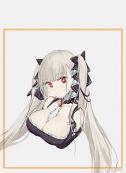 Rule 34 | 1girl, arms under breasts, azur lane, between breasts, border, breast hold, breasts, bright pupils, cleavage, cropped torso, formidable (azur lane), hair ribbon, head tilt, highres, large breasts, long hair, red eyes, ribbon, simple background, smile (mm-l), solo, twintails, upper body, weibo watermark, white pupils