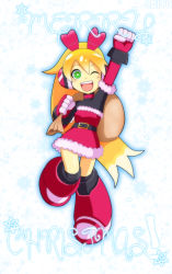 Rule 34 | 1girl, ;), belt, blonde hair, boots, call (mighty no. 9), call f, choker, christmas, gradient hair, green eyes, headphones, heart, highres, knee boots, long hair, merry christmas, mighty no. 9, multicolored hair, one eye closed, ponytail, robot, sack, santa costume, shoutaro saito, smile, solo, very long hair, wink
