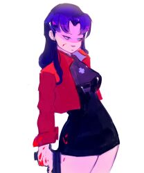 Rule 34 | 1girl, black dress, blood, blood on face, breasts, cross, cross necklace, curvy, dress, gun, highres, holding, holding gun, holding weapon, jacket, jewelry, katsuragi misato, long hair, looking down, medium breasts, necklace, neon genesis evangelion, open clothes, open jacket, red jacket, shaded face, short dress, solo, standing, the end of evangelion, weapon, white background, wide hips, zensoko