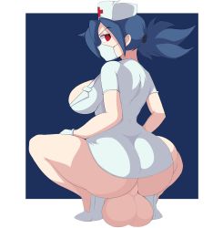 Rule 34 | 1futa, absurdres, ass, blue hair, breasts, flipsideskyline, from behind, futanari, hat, highres, huge ass, huge testicles, large breasts, large testicles, long hair, looking at viewer, looking back, mask, mouth mask, newhalf, no panties, nurse, nurse cap, penis, ponytail, red eyes, skullgirls, solo, squatting, surgical mask, testicles, thighs, uncensored, valentine (skullgirls)