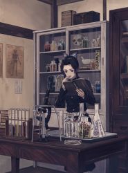 Rule 34 | 1girl, 234 (1234!), anatomy, beaker, belt, black coat, black hair, black pants, book, book stack, box, breasts, bug, bunsen burner, butterfly, butterfly hair ornament, cabinet, coat, cowboy shot, flower, forehead, gradient hair, graduated cylinder, hair ornament, highres, indoors, insect, kimetsu no yaiba, kochou shinobu, laboratory, lips, long sleeves, medium breasts, microscope, multicolored hair, notebook, open mouth, pants, parted bangs, petri dish, pipette, poster (object), purple eyes, purple hair, reading, short hair, skull, solo, standing, table, taxidermy, test tube, two-tone hair, uniform, wooden table