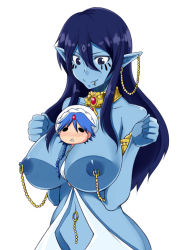Rule 34 | 1boy, 1girl, aladdin (magi), armlet, between breasts, blue hair, blue skin, blush, braid, breasts, colored skin, genie, huge breasts, jewelry, linked piercing, linked piercings, long hair, lots of jewelry, magi the labyrinth of magic, navel, navel piercing, necklace, nipple piercing, nipples, paimon (magi), piercing, pointy ears, purple eyes, purple hair, simple background, single braid, smile, solid circle eyes, triangle mouth, turban, white background, zanku