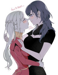 Rule 34 | 2girls, b (wldms6650), black dress, blue hair, byleth (female) (fire emblem), byleth (fire emblem), cleavage cutout, closed mouth, clothing cutout, commentary, dress, edelgard von hresvelg, english commentary, english text, eye contact, fire emblem, fire emblem: three houses, hand in another&#039;s hair, hand on another&#039;s shoulder, hand on another&#039;s waist, heart, highres, long hair, looking at another, multiple girls, nintendo, noses touching, parted lips, purple eyes, red dress, short sleeves, side ponytail, simple background, smile, upper body, white background, white hair, yuri