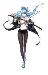 Rule 34 | 1girl, absurdres, bare shoulders, belt, black jacket, black shorts, blue eyes, blue hair, breasts, brown pantyhose, closers, collarbone, crop top, elbow gloves, fingerless gloves, floating hair, full body, gloves, highres, holding, holding sword, holding weapon, jacket, katana, large breasts, long hair, looking at viewer, micro shorts, midriff, navel, off shoulder, official art, open clothes, open jacket, pantyhose, ponytail, sheath, sheathed, shirt, shoes, shorts, sleeveless, sleeveless shirt, sleeveless turtleneck, solo, standing, stomach, sword, tachi-e, tassel, thighband pantyhose, turtleneck, v-shaped eyebrows, very long hair, violet (closers), weapon, white background, white gloves, white shirt