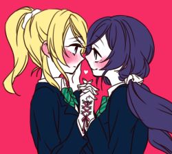 Rule 34 | 0lily0, 10s, 2girls, ayase eli, blazer, blonde hair, blush, corset piercing, holding hands, heart, interlocked fingers, jacket, linked piercing, looking at another, love live!, love live! school idol project, low twintails, multiple girls, piercing, ponytail, purple hair, red background, ribbon, school uniform, scrunchie, shared piercing, tojo nozomi, twintails, yuri