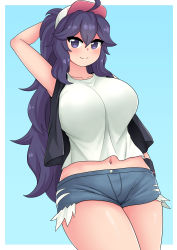 Rule 34 | 1girl, absurdres, ahoge, alternate breast size, aqua background, arm behind head, black vest, blue eyes, blush, breasts, commentary, cosplay, creatures (company), crop top, cropped legs, denim, denim shorts, english commentary, game freak, hat, hex maniac (pokemon), highres, hilda (pokemon), hilda (pokemon) (cosplay), large breasts, looking at viewer, navel, nintendo, outside border, pokemon, pokemon xy, ponytail, purple eyes, purple hair, shirt, short shorts, shorts, smile, solo, the only shoe, thighs, vest, visor, visor cap, wavy mouth, white background, white hat, white shirt