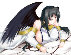Rule 34 | 1girl, angel wings, bare shoulders, black eyes, black hair, black wings, breasts, circussion, female focus, huge breasts, jewelry, lots of jewelry, lying, mabinogi, morrighan, no bra, on stomach, open mouth, sideboob, simple background, solo, tabard, white background, wings
