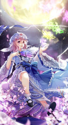 Rule 34 | 1girl, blue dress, bow, bug, butterfly, cherry blossoms, dress, hand fan, full moon, glowing, hat, highres, bug, long sleeves, mary janes, moon, night, ninjinshiru, open mouth, petals, pink eyes, pink hair, saigyouji yuyuko, sash, shoes, sky, smile, solo, sparkle, touhou, triangular headpiece, veil, wide sleeves
