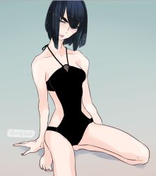 Rule 34 | 10s, 1girl, black hair, blue eyes, breasts, cleavage, eugenio2nd, eyebrows, kill la kill, kiryuuin satsuki, looking at viewer, one-piece swimsuit, short hair, solo, swimsuit, thick eyebrows