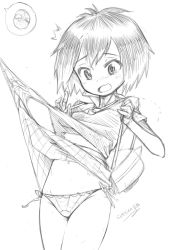 Rule 34 | 1girl, backpack, bad id, bad twitter id, bag, blush, carbon12th, clothes lift, greyscale, looking down, marvel, monochrome, navel, open mouth, panties, peni parker, shirt lift, short hair, side-tie panties, silk, simple background, sketch, skirt, skirt lift, solo, spider-man, spider-man: into the spider-verse, spider-man (series), spider-verse, spider web, spider web print, stomach, surprised, underwear, wardrobe malfunction