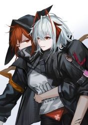 Rule 34 | 2girls, absurdres, ahoge, animal ears, antennae, arknights, black jacket, commentary, commission, crownslayer (arknights), demon horns, english commentary, grey hair, hair between eyes, high collar, highres, horns, hug, hug from behind, jacket, material growth, multiple girls, orange eyes, orange hair, oripathy lesion (arknights), parted bangs, parted lips, pixiv commission, red eyes, red horns, senkane, shirt, simple background, smile, w (arknights), white background, white hair, white shirt, wolf ears, wolf girl, yuri