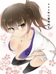 Rule 34 | 10s, 1girl, blush, breast hold, breasts, brown eyes, brown hair, highres, japanese clothes, kaga (kancolle), kantai collection, large breasts, looking at viewer, sanagi (diohazard), side ponytail, solo