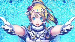 Rule 34 | 1girl, artist request, ayase eli, blonde hair, blue eyes, blush, cola illust, dress, earrings, female focus, flower, fur-trimmed dress, fur-trimmed gloves, fur collar, fur trim, gloves, hair between eyes, hair ornament, hair over shoulder, hair scrunchie, highres, hug, jewelry, long hair, looking at viewer, love live!, love live! school idol project, parted lips, pom pom (clothes), pom pom earrings, ponytail, red flower, scrunchie, shirt, snow halation, solo, white gloves, white scrunchie, white shirt, wrist scrunchie