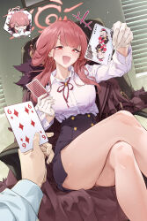 Rule 34 | 1girl, 1other, absurdres, aru (blue archive), black skirt, blue archive, blush, brown horns, card, collared shirt, demon horns, halo, highres, holding, holding card, horns, jjjsss, long hair, long sleeves, open mouth, pink hair, pink halo, red eyes, shirt, skirt, white shirt