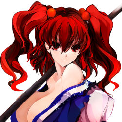 Rule 34 | 1girl, bare shoulders, breasts, cleavage, female focus, hair bobbles, hair ornament, large breasts, off shoulder, onozuka komachi, pupps, red eyes, red hair, seductive smile, smile, solo, touhou, twintails, two side up