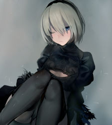 Rule 34 | 1girl, 2b (nier:automata), black dress, black pantyhose, blue eyes, breasts, cleavage cutout, clothing cutout, dress, eyes visible through hair, hairband, highres, mole, mole under mouth, nier:automata, nier (series), no blindfold, one eye closed, pantyhose, phone, plant roots, short hair, silver hair, small breasts, solo, walzrj
