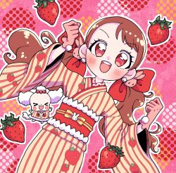 Rule 34 | 1girl, aji fry, alternate costume, blush, brown hair, dress, earrings, food, food-themed hair ornament, fruit, gloves, hair ornament, highres, japanese clothes, jewelry, kirakira precure a la mode, long hair, magical girl, open mouth, pekorin (precure), pom pom (clothes), pom pom earrings, precure, red eyes, simple background, smile, strawberry, twintails, usami ichika