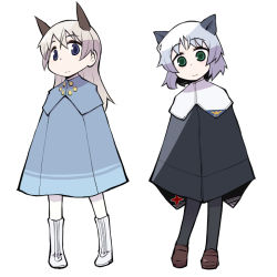 2girls animal_ears bad_id bad_pixiv_id black_legwear blonde_hair blush cat_ears coat eila_ilmatar_juutilainen green_eyes long_hair military military_uniform multiple_girls overcoat pantyhose papa_(shimeguru) poncho sanya_v._litvyak short_hair silver_hair smile strike_witches white_legwear world_witches_series