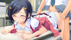 Rule 34 | 1boy, 1girl, astraythem, black hair, blush, bottomless, bra, bra lift, breasts, clenched teeth, closed eyes, clothed sex, clothes lift, clothing aside, desk, doggystyle, game cg, ginta, grin, hair ornament, hairclip, hetero, indoors, kagami mimi, lingerie, nipples, open clothes, open shirt, panties, panties aside, sex, sex from behind, shirt, short hair, skirt, skirt lift, small breasts, smile, striped bra, striped clothes, striped panties, teeth, underwear, vaginal