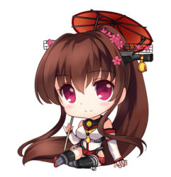 Rule 34 | 10s, 1girl, brown hair, chibi, flower, hair flower, hair ornament, kantai collection, long hair, looking at viewer, lowres, oil-paper umbrella, pink eyes, ponytail, rei (rei&#039;s room), sitting, skirt, smile, solo, umbrella, yamato (kancolle)